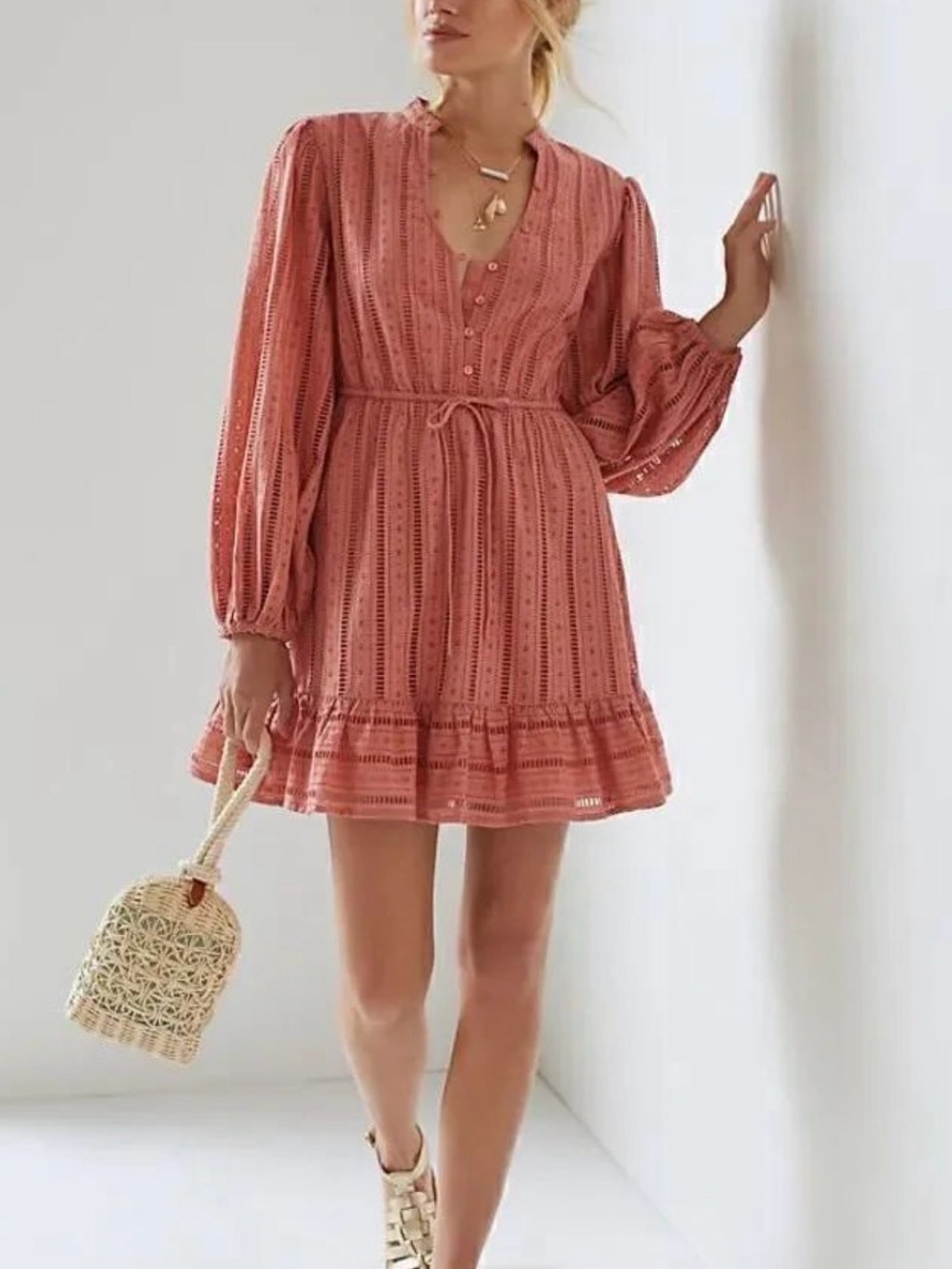 Anthropologie Forever That Girl Coral Eyelet Mini Dress Size XS